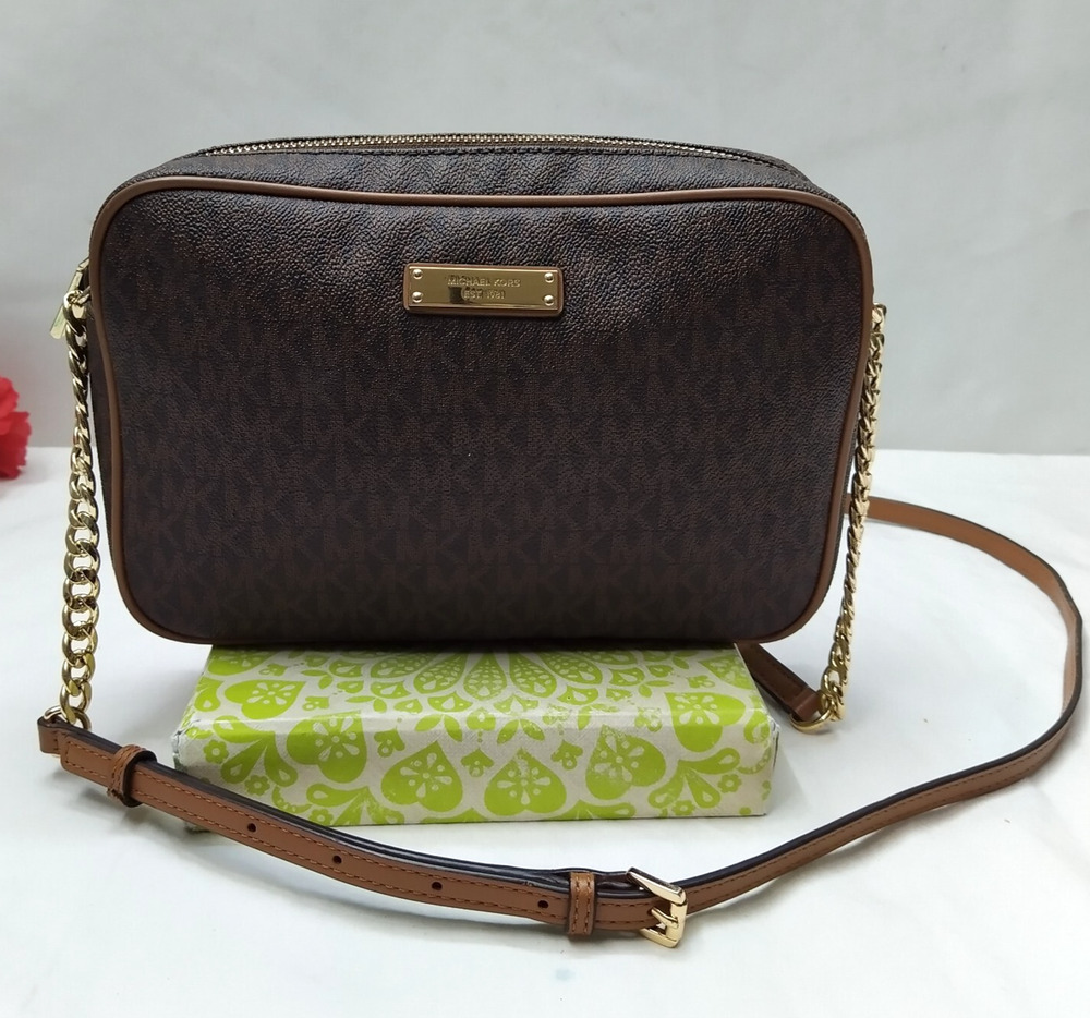 Michael Kors Brown Leather MK Printed Zipper Closure Chain Strap Crossbody Bag